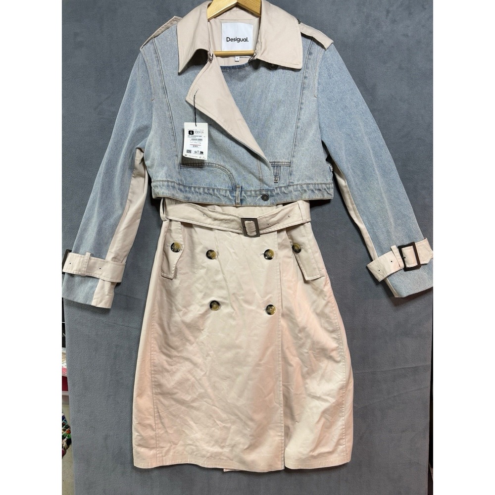 $359 - Desigual Denim Panel Trench Coat in Medium Beige/Blue Size Small